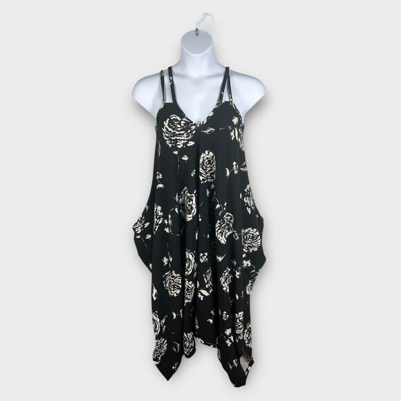 Jumpsuit M/L Boho Lagenlook Baggy Harem Adjustable Spaghetti Strap Black Floral - Picture 1 of 8